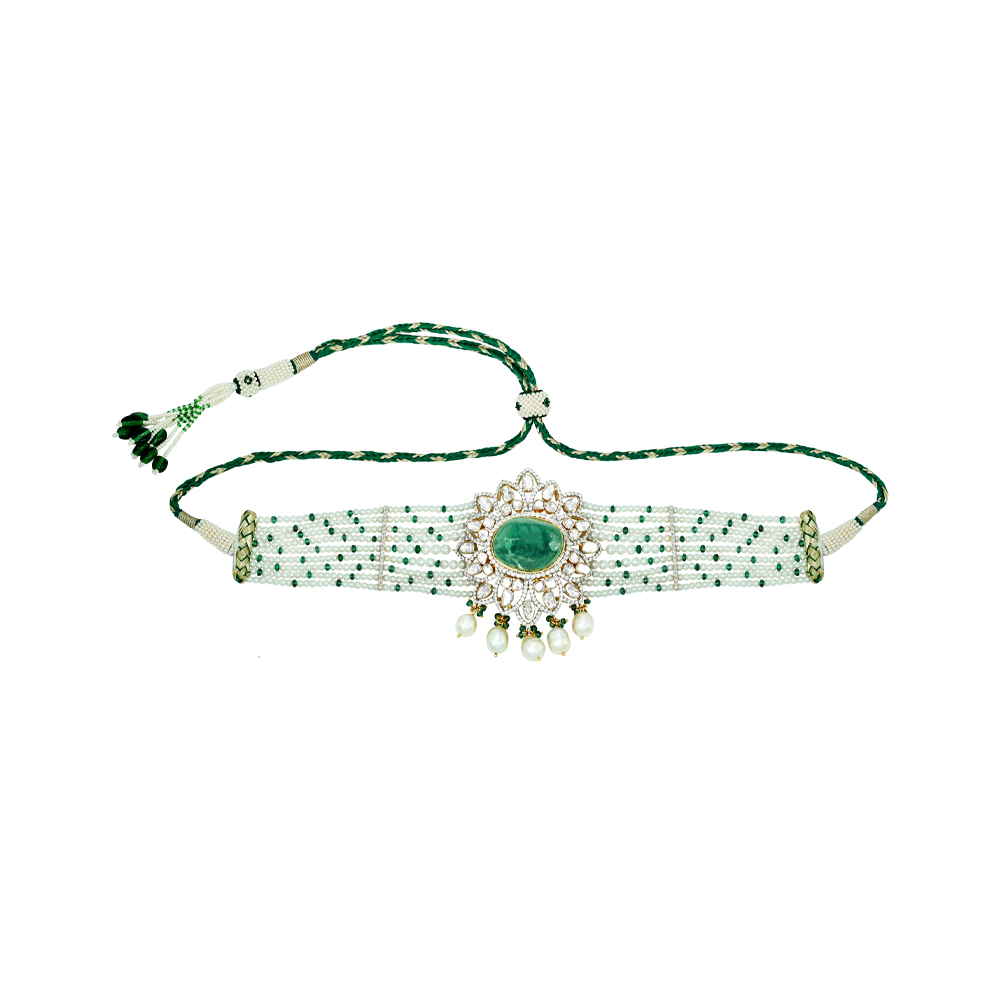 Emerald and Polki Choker with Pearl strings and Drops